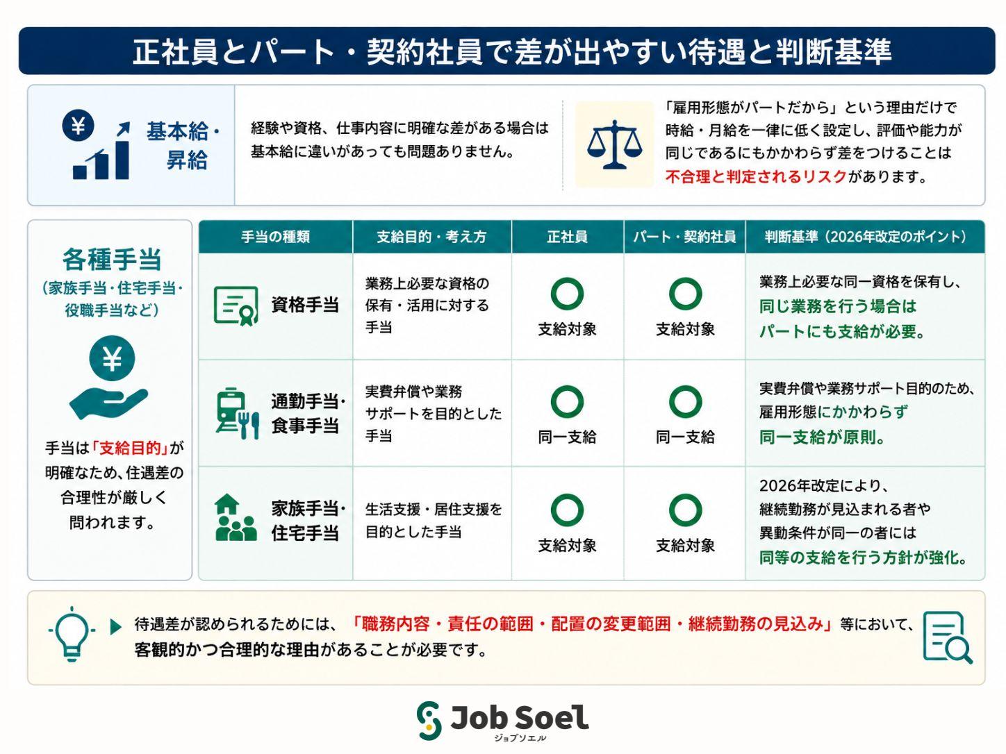 正社員パートで差が生じやすい待遇判断基準