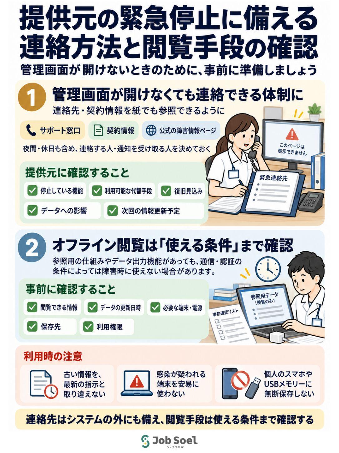 提供元の緊急停止に備えて、連絡方法と閲覧手段を確認する